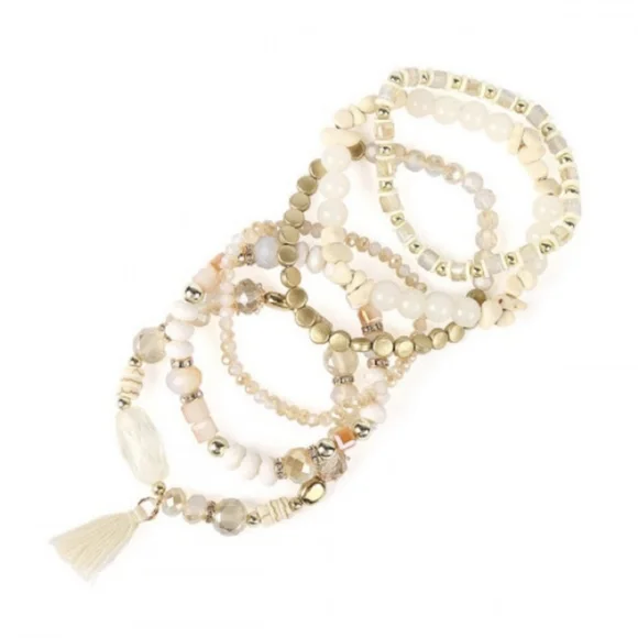 ONE Left! Beautiful Boho Style Ivory & Gold Neutral Toned Stacking Bracelets - Picture 3 of 4